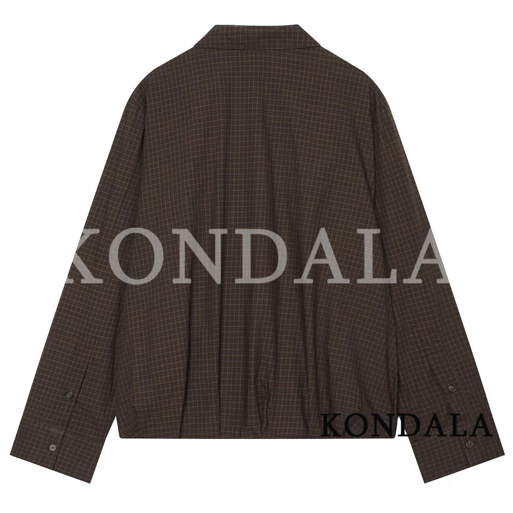 KONDALA Women Fall Casual Plaid Jacket Vintage Brown Lapel Zip-up Jacket 2026 Early Autumn Trendy High Street Elegant Jackets
