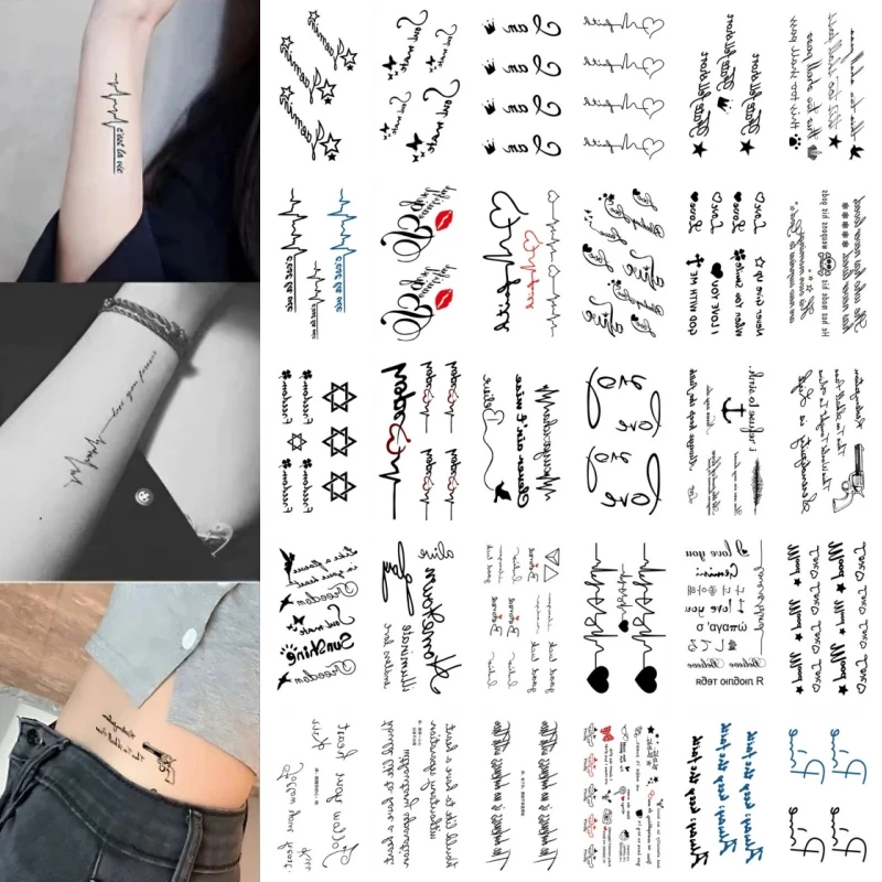 30pcs Words Love Letters Temporary Tattoos for Women Girls Men Adults Black Small Tiny Fake Tattoo Finger Neck Wrist Body Art