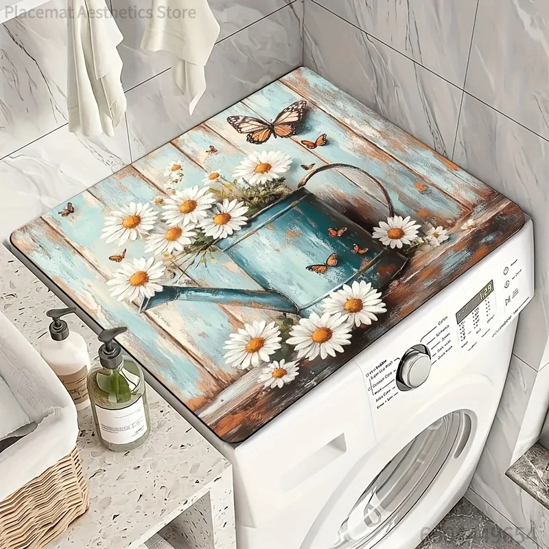 Rustic Blue Washing Machine Dust Cover Pad with Watering Can & Daisy Design – Absorbent, Heat-Resistant Kitchen Mat for Tablewar