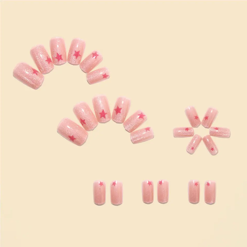 Uñas postizas color rosa nude brillante con estampado de estrellas, encanto Y2K para chicas, uñas de acrílico adhesivas, 24 piezas 3