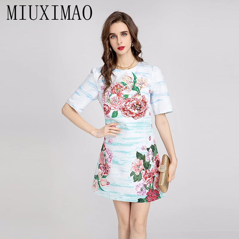 

MIUXIMAO 2023 High Quality Spring&Summer Elegant Dress Diamond Insert O-Neck Embroidery Print Fashion Mini Dress Women Vestide