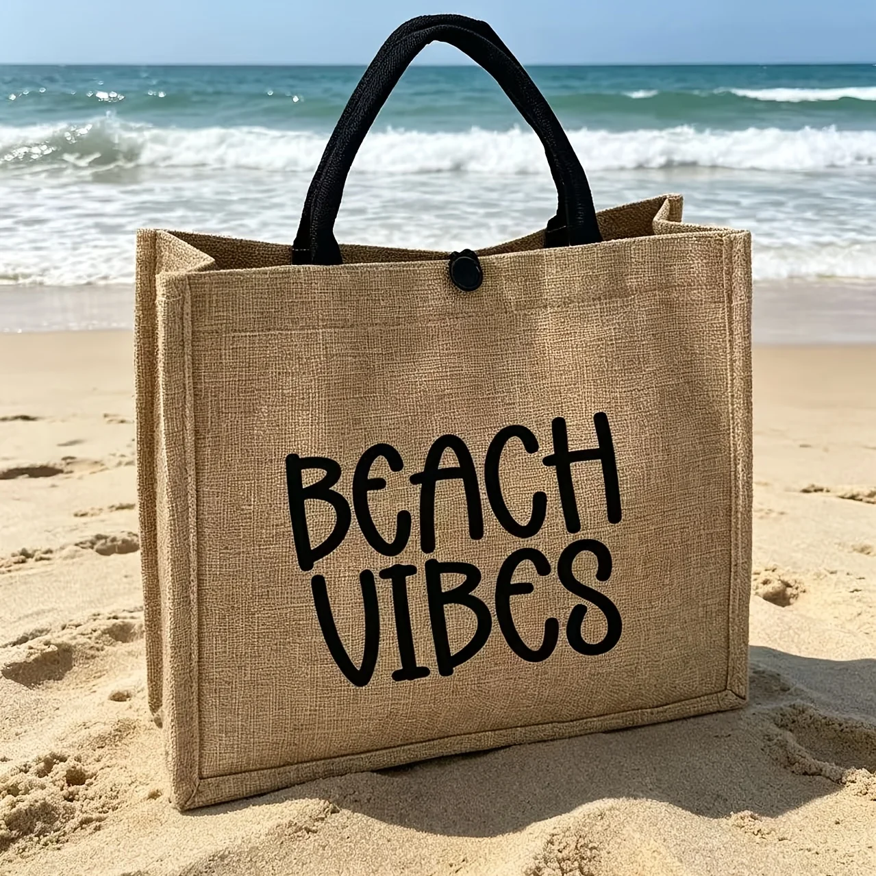 Women Beach Linen Tote Bag with Beach Vibes Artistic Lettering Print Large Capacity Handbag Lightweight Reusable Shopping Bag