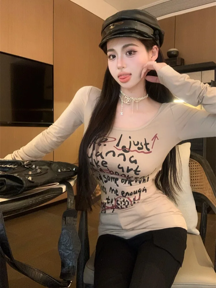 

American Style Long Sleeve Letter T-Shirt Women's Fashion Slim Fit Base Shirt Shoulder Bared Autumn Design Thinming Top