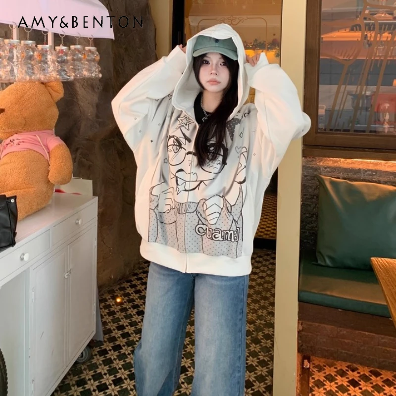 

American Retro Y2K Cartoon Anime Hooded Women's Sweatshirt Spring Autumn New Loose Casual Versatile Zipper Cardigan Coat Ladies