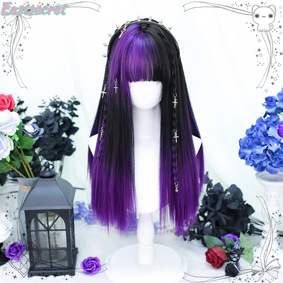 EASTSECRET Synthetic Long Straight Lolita Wig with Black Purple Bangs Wig Cute Blonde Brown Cosplay Party Halloween Harajuku Wig