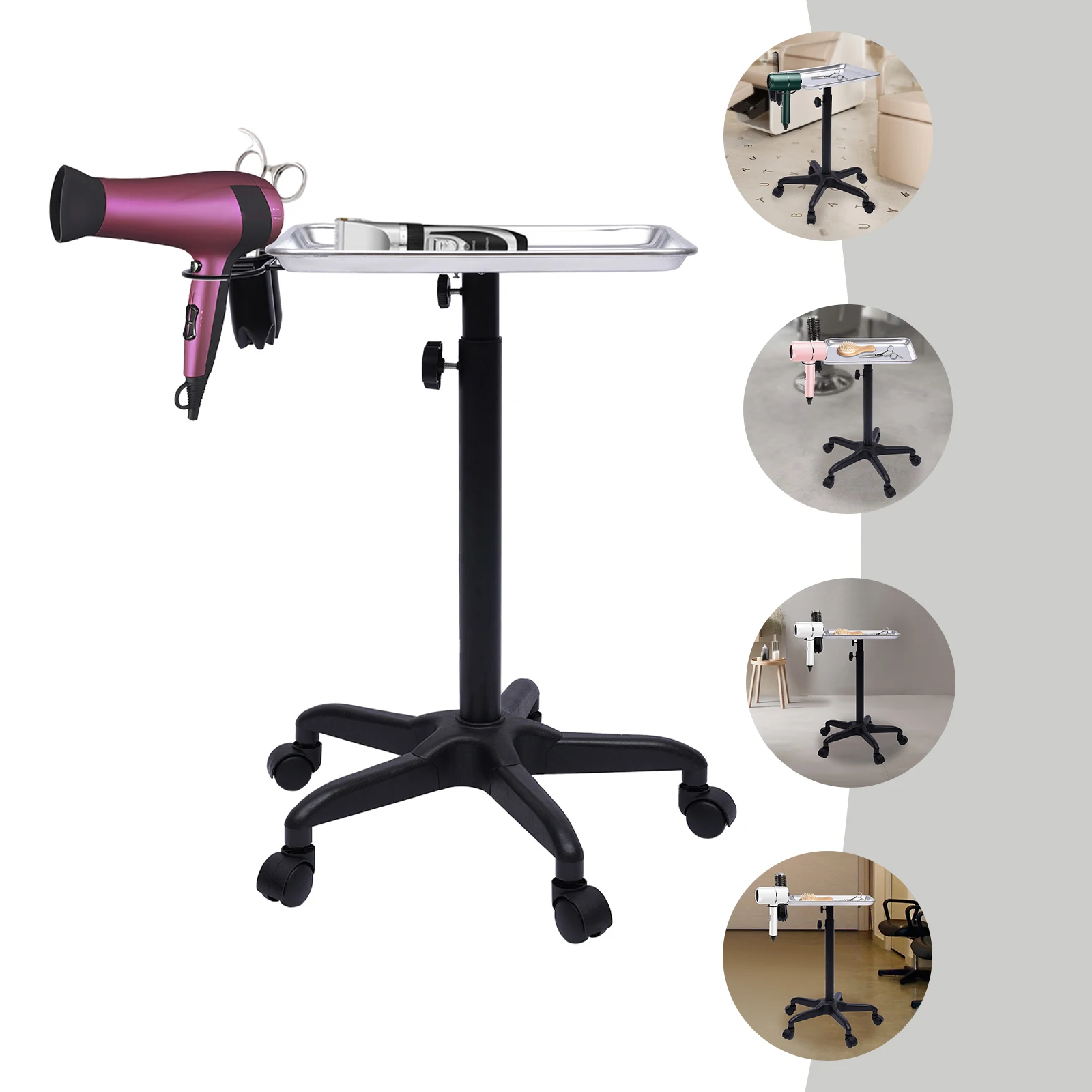 Mobile Salon SPA Beauty Tattoo Hairdressing Tool Cart Adjustable Height Hair Dye Rolling Tray Service Instrument (Silver+Shelf)