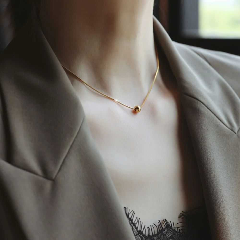Kpop Gold Color Stainless Steel Ball Necklace For Women Simple Snake Bone Chain Clavicle Chain Jewelry Accessories
