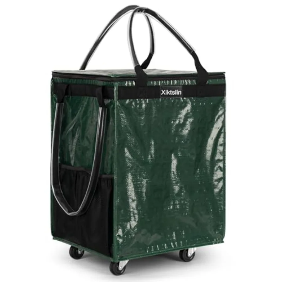 Bolsa de Compras Reutilizable Verde Mediana con 4 Ruedas, Carrito de Compras Plegable con Capacidad para 66 lb, Asas Triples y Cierre de Cremallera