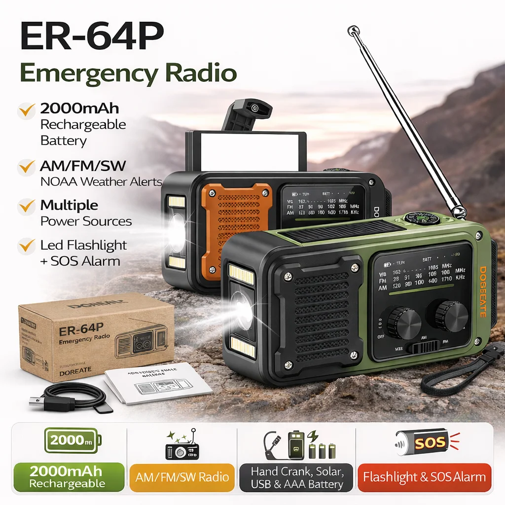 

Docreate Emergency Radio With Flashlight & 2000mAh Power Bank, NOAA Weather Radio AM/FM, USB Rechargeable For Outdoor