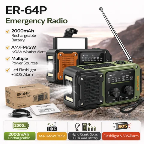 Docreate Emergency Radio With Flashlight & 2000mAh Power Bank, NOAA Weather Radio AM/FM, USB Rechargeable For Outdoor