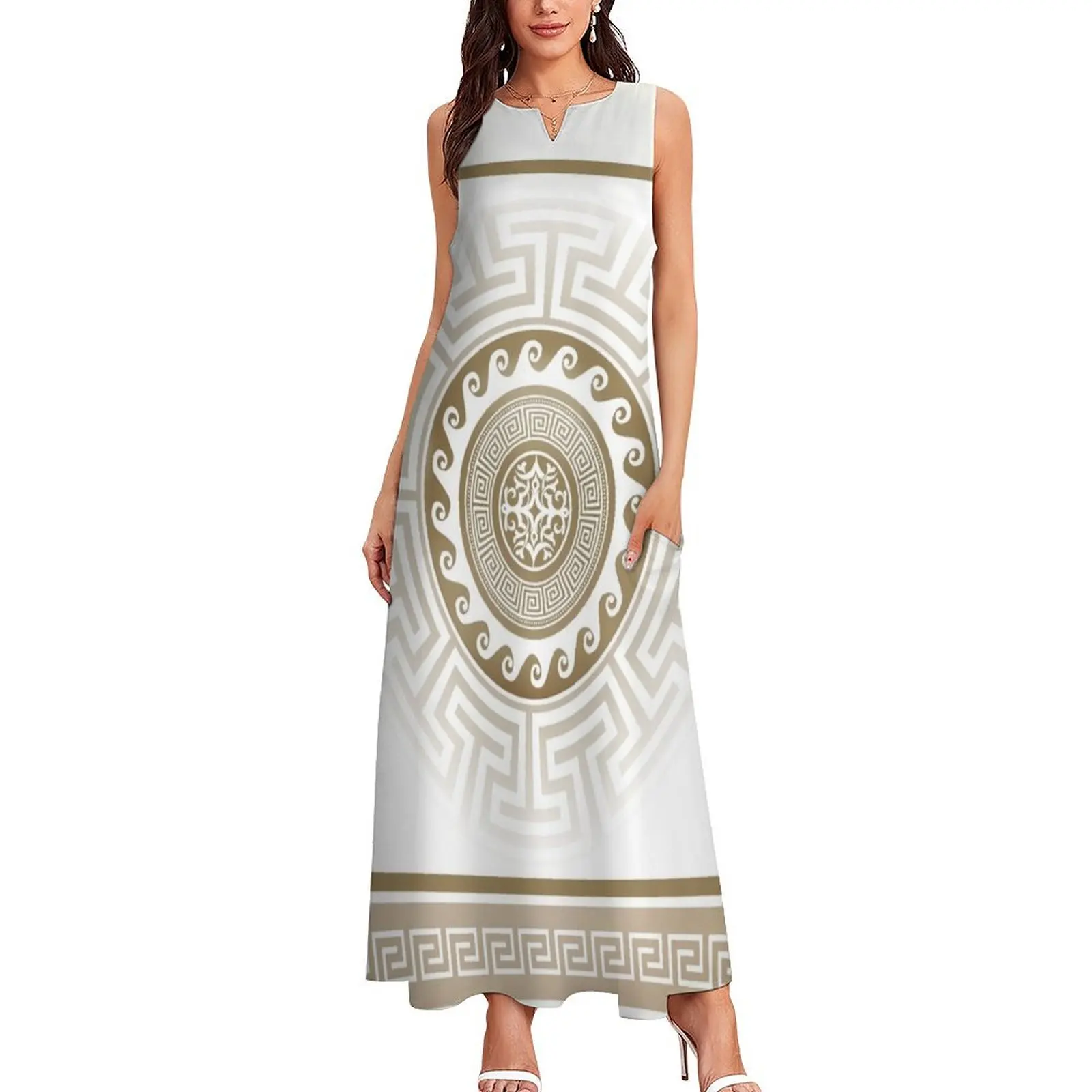 Greek Key Meander Bronze White Long Dress women evening dress Female dress