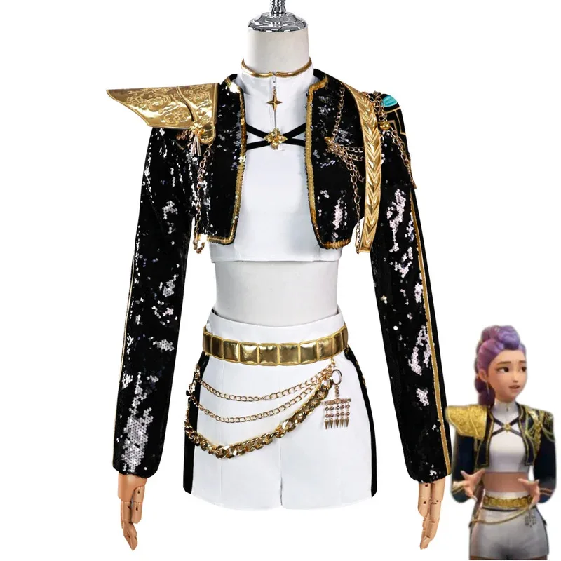 Новый аниме-фильмы Охотники Руми Мира Зои Косплей Костюм Концерт Черное пальто Короткая юбка Униформа Полный комплект Парик Женский сексуальный костюм; 2 '