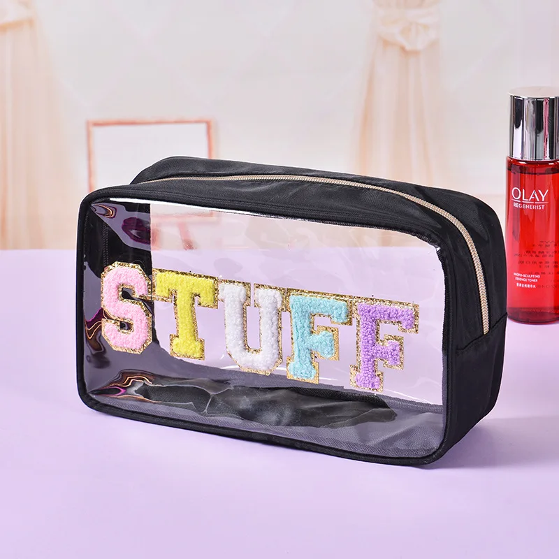 Waterproof transparent PVC towel embroidered letter travel toiletries and cosmetics storage bag