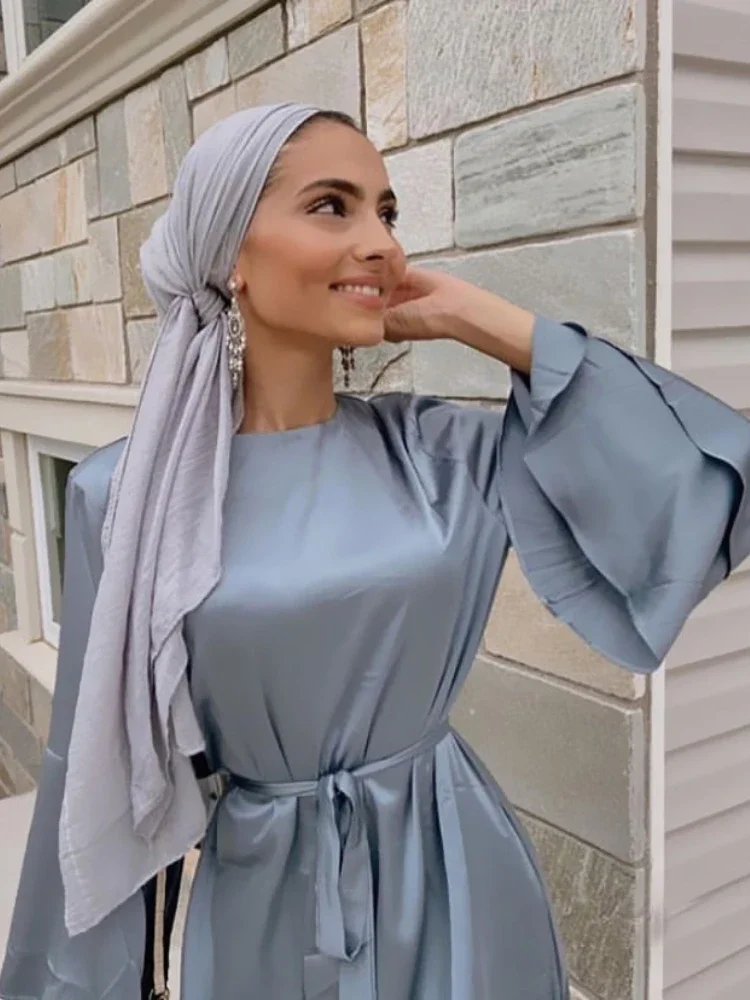 

Women Islam Clothing Ramadan Eid Satin Hijab Dress Dubai Abaya Turkey Summer Flare Sleeve Muslim Fashion Maxi Dresses for Kaftan