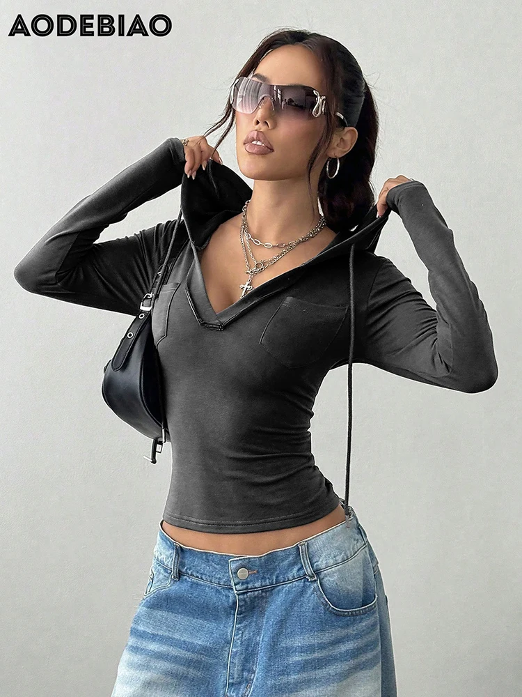 AODEBIAO Grey Hooded Hoodie Women Coat Autumn Long Sleeves Crop Top Fashion Hoodie Casual Streetwear Slim Pullover Hoodie Women