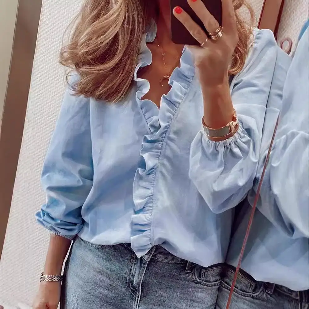 

Women's Long Sve Ruffled irt Polyester Fiber Pure Color Regular Sve Long irt for Autumn Season Ladies' Faion