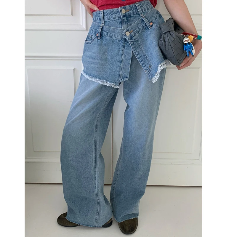 

Relaxed Lace Trim Jeans Women Two-waist Denim Pants with Pocket Zipper Loose Casual Y2K High Waist Wide Leg Trousers Jeans
