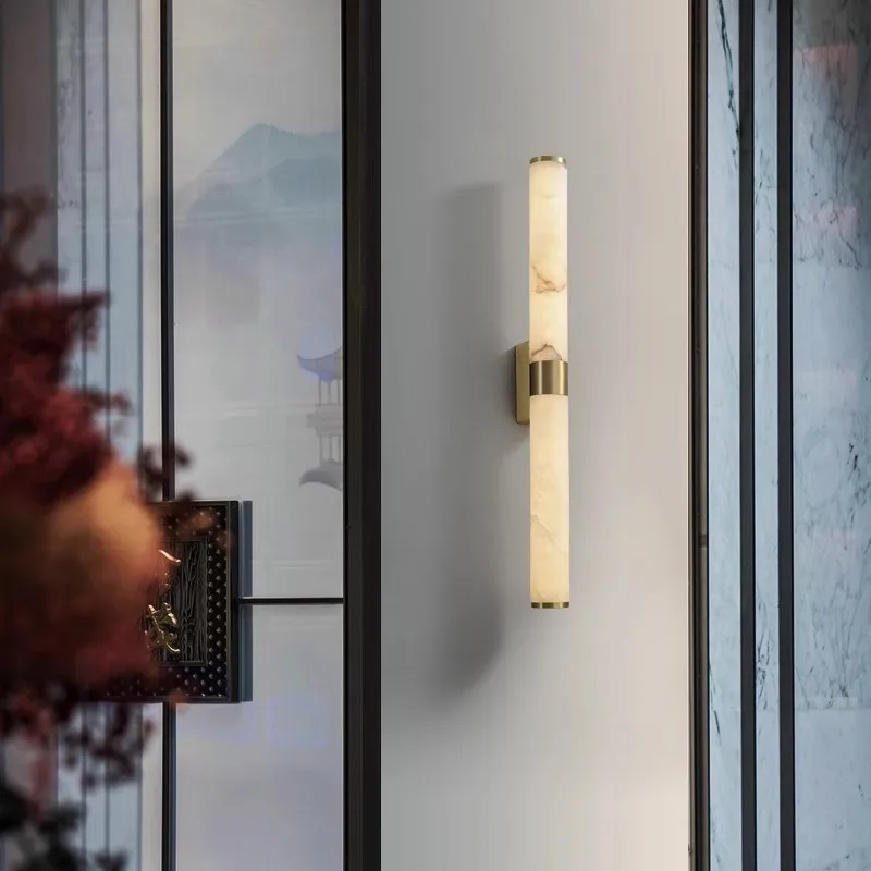

Luxury Spanish Natural Marble Cylindrical LED Wall Sconce Gold Copper Finish Indoor Lighting Hotel Parlor Dining Bedroom Stairs