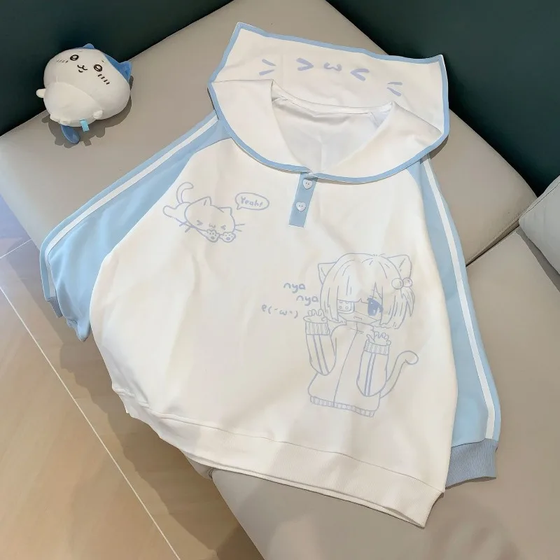 2025 Japanse Cartoon Afdrukken Hoodie Vrouwen Harajuku Sailor Kraag Patchwork Losse Sweatshirt Y2k Esthetische Knop Casual Hoody