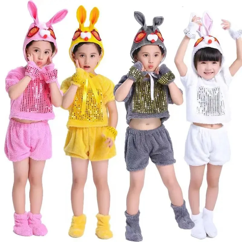 

Children's Party Cosplay Rabbits Costume Performance Velour Fabric Kids Role-playing Animal Clothing White Pink Gray Jumpsuits