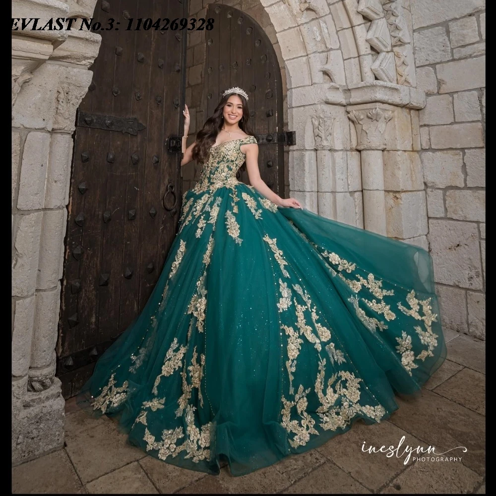 Evlast personalizado glitter verde escuro quinceanera vestido de baile ouro renda applique miçangas doce 16 vestido de 15 anos e3q277