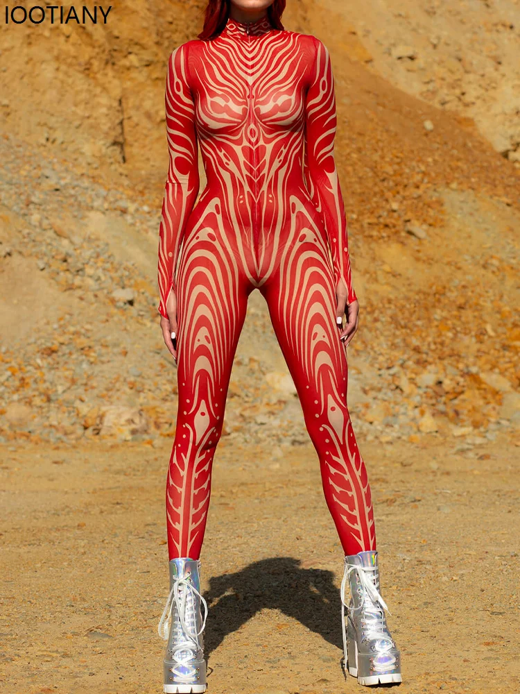 Women Red Phantom Mesh Jumpsuit Wood Shell Mesh Bodysuit Halloween Zentai Suit Outdoor Adventure Theme Party Catsuit Rave Outfit