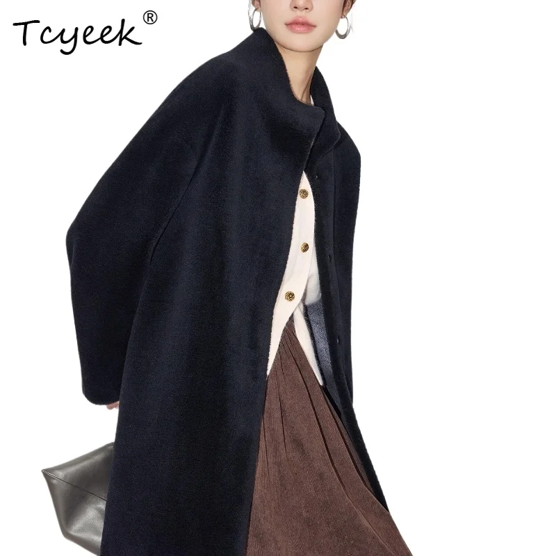 Tcyeek Real Wool Autumn Winter High End Trendy Stand Collar Black Medium Length Women's Wool Shearling Fur Coat Fourrures Femme