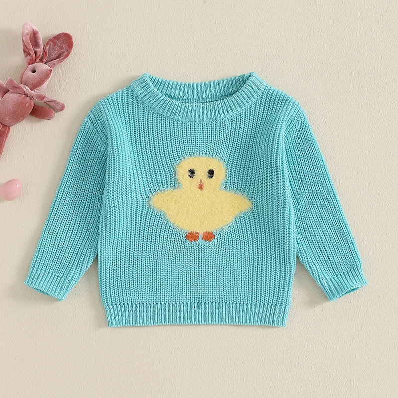 Toddler Baby Easter Sweater Bunny/Chick Embroidery Long Sleeve Crew Neck Knitwear Pullover Tops for Boys Girls