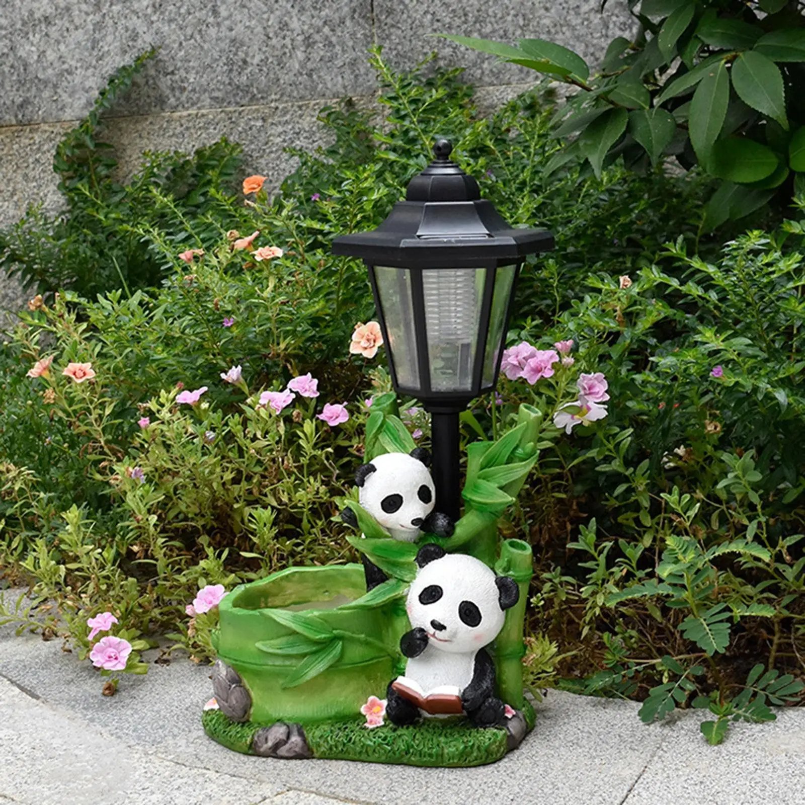Panda Figurine with Solar Powered Light Weatherproof 7.3x5x12.6inch Lovely Multipurpose for Flower Bed Decor Outdoor Decoration view 2