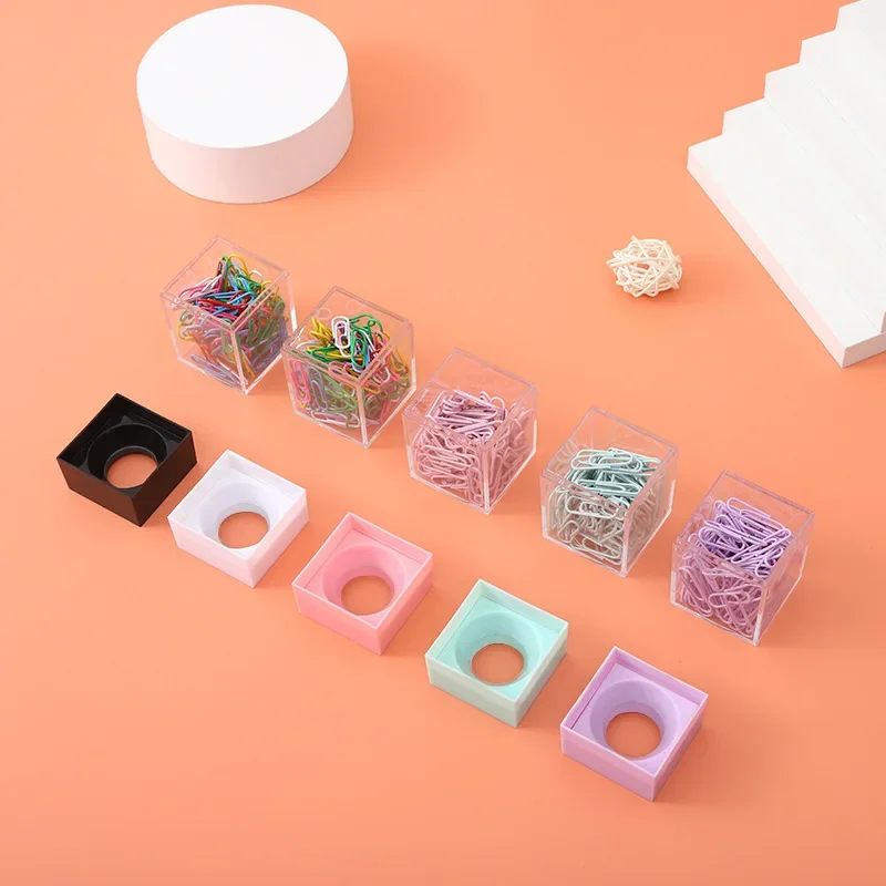 18pcs Clips Square Macaron Colored Magnetic Paper Clip Storage Bucket Plastic Colored Transparent Paper Clip Bucket