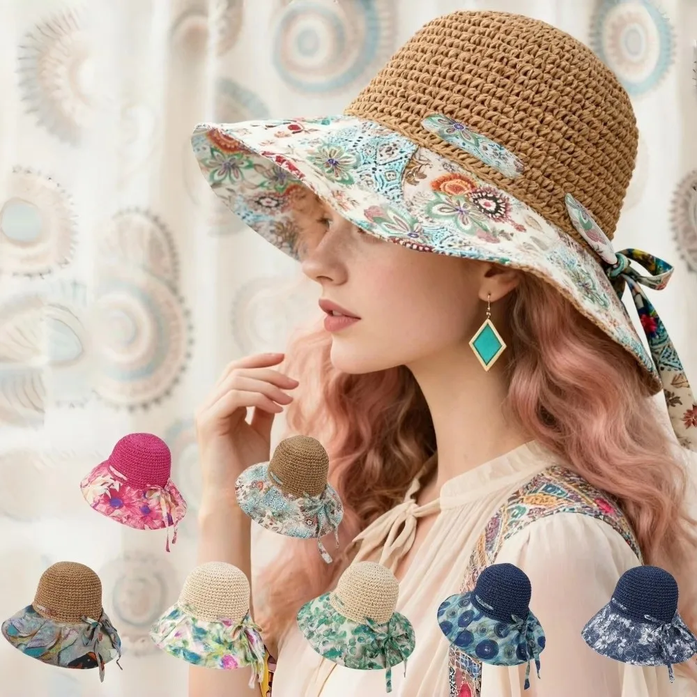 Ethnischer Stil, großer Strohhut mit breiter Krempe, exquisite Blumen, faltbarer Strandhut, UV-Schutz, atmungsaktiver Sonnenschutzhut für den Sommer – Detail 8