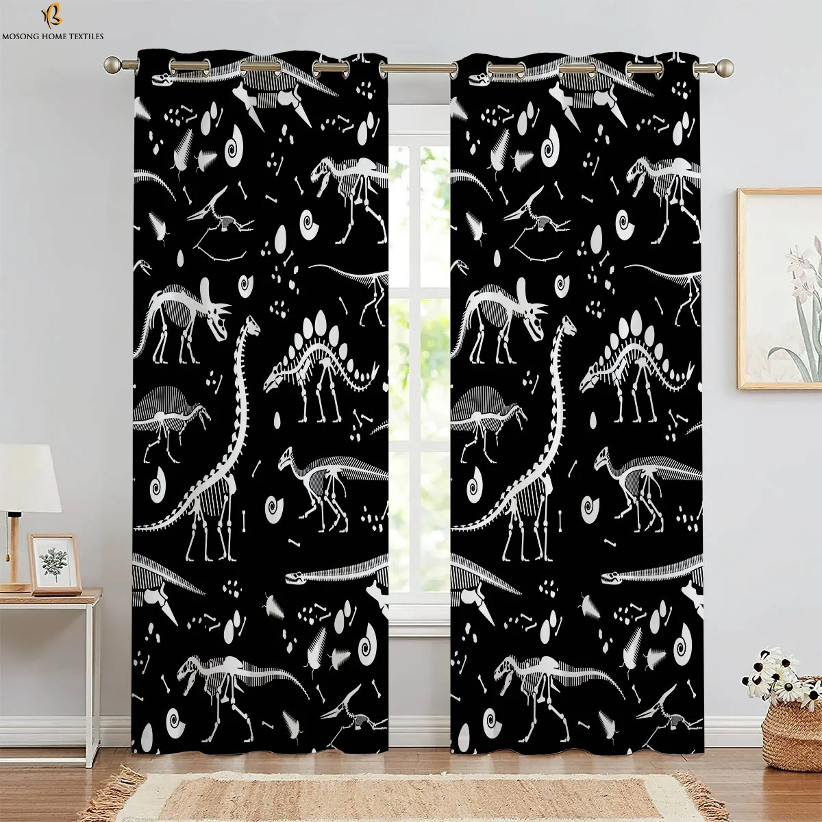 

Black And White Dinosaur Cartoon Print Curtains 100% Polyester Bedroom Living Room Kitchen Kids Room Decorative Curtains 2 Pcs