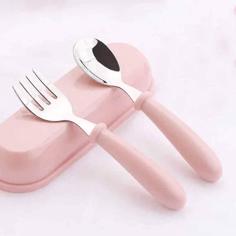 3Pcs Children Spoon Forks Box Kids Stainless Steel Kids Portable Cutlery Baby Spoons Feeding Utensils  Various Colors Baby Table