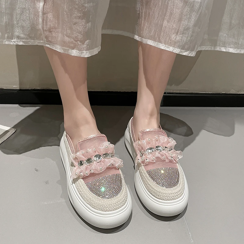 

Эспадрильи с кристаллами и кружевом, женская обувь с бриллиантами, рыбацкие лоферы, женские мокасины без шнуровки, резиновые женские кроссовки на плоской подошве