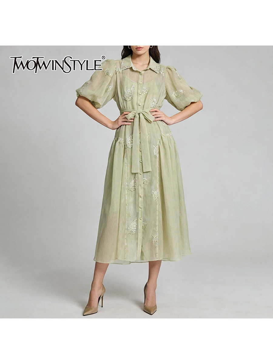 

TWOTWINSTYLE Elegant Loose Spliced Embroidery Long Dresses for Women Lapel Half Sleeves Patchwork Bead Casual Dress Female New