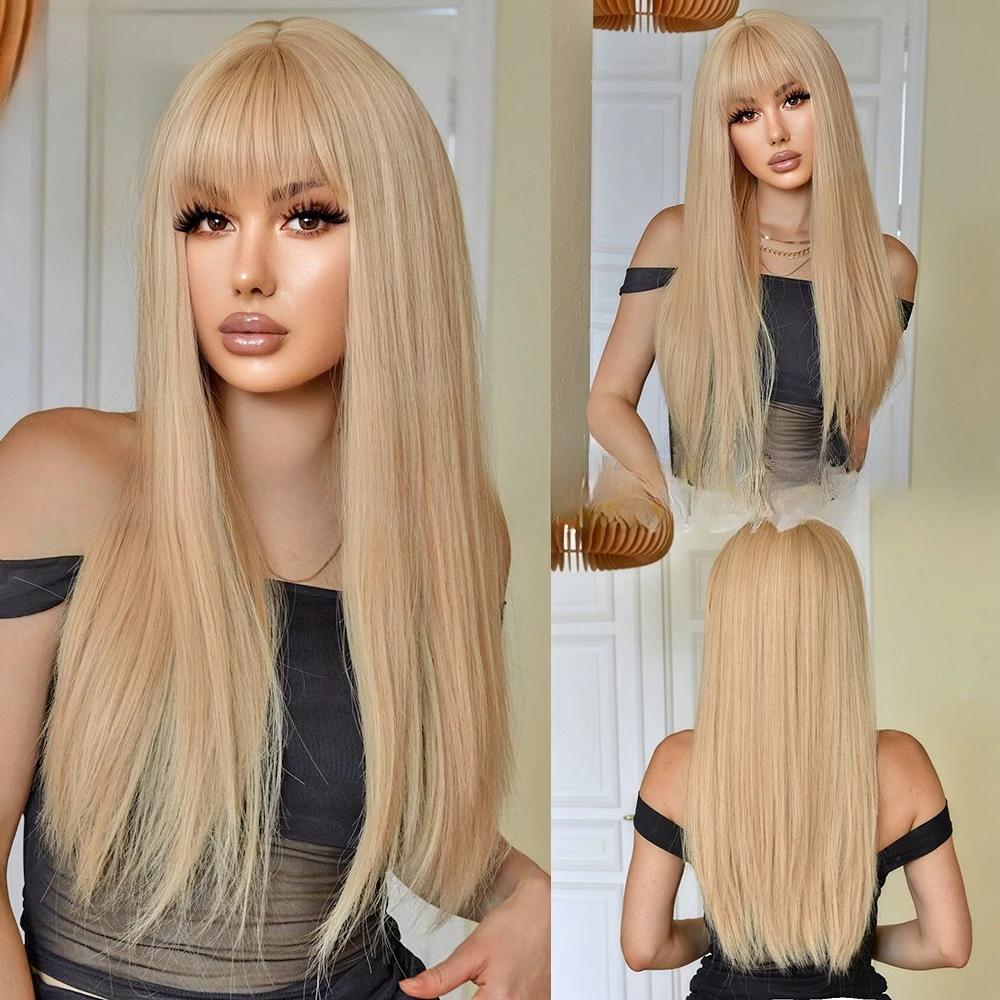 

Qi Bangs White Gold Wig Daily Chemical Fiber Long Straight Hair Rose Mesh Wig Cover