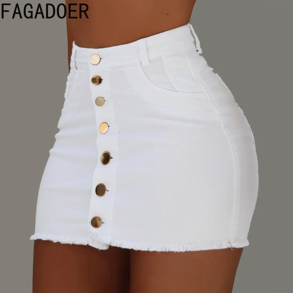 

FAGADOER Fashion Hot Girl Streetwear Women High Waisted Button Skinny Denim Mini Skirts Casual Female Solid Color Cowboy Bottoms