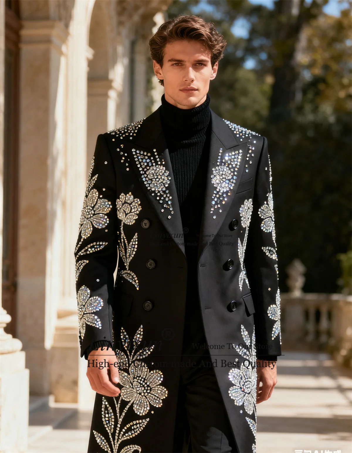 

Роскошные мужские костюмы с бриллиантами и бисером, длинное пальто, брюки, Ropa Blazer, комплекты из 2 предметов, смокинги для жениха, облегающий свадебный костюм Homme