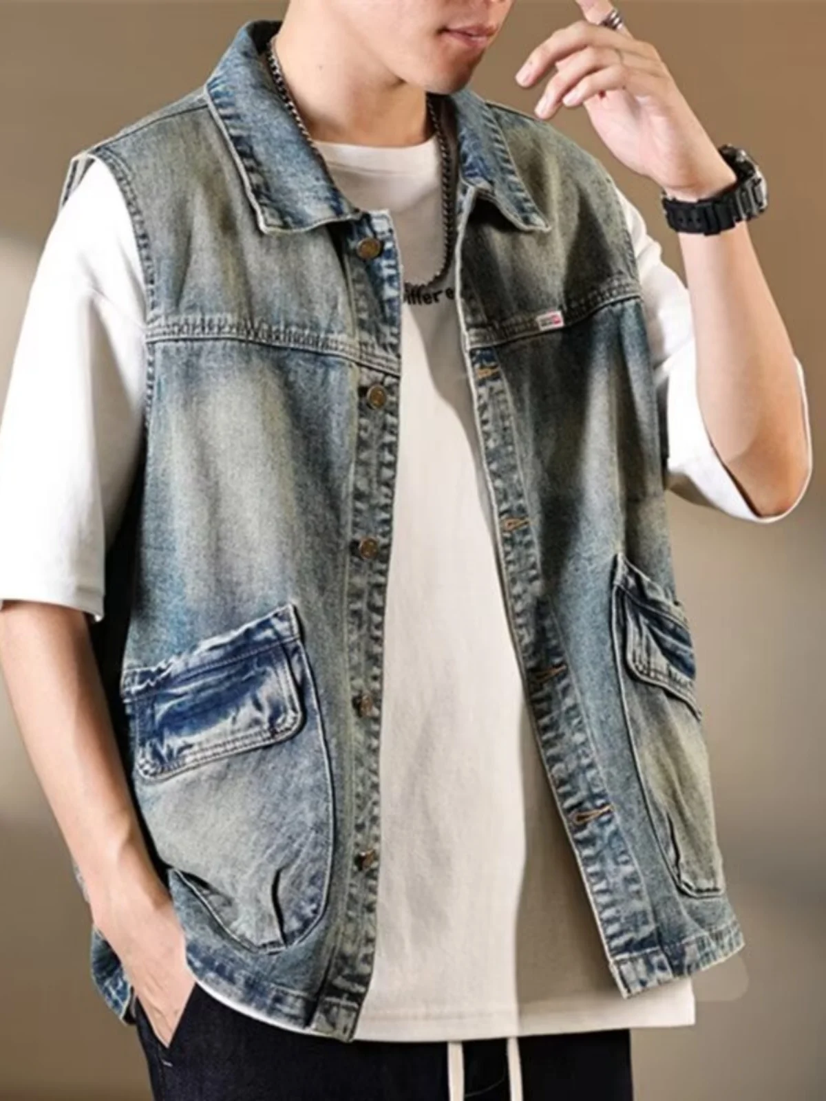 

Ретро-жилет из денима в американском стиле, свободный крой, легкий, молодежный, повседневный, рабочий, на одной пуговице, классический синий