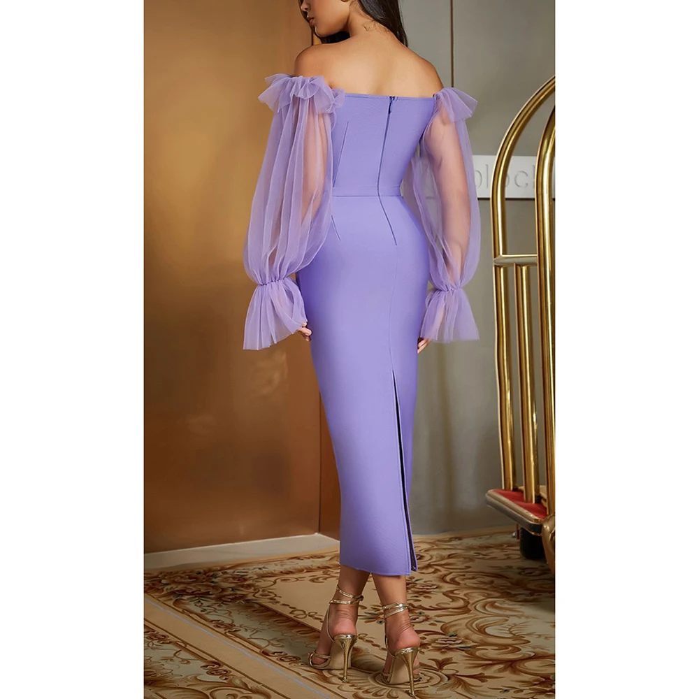 High Quality Purple Women Prom Dresses Strapless Full Sleeves Slim Fit Straight Tea Length Pretty Female Evening Party Gowns