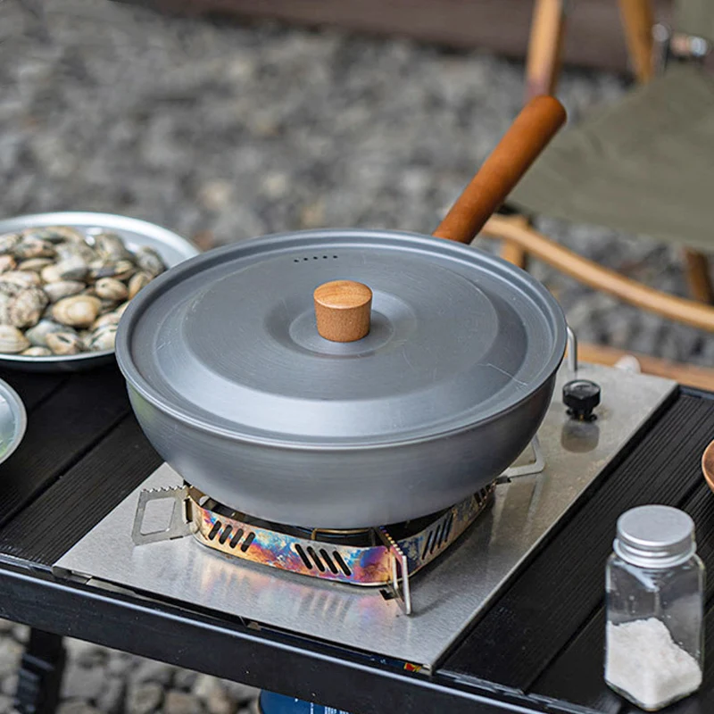 

Уличная сковорода из алюминиевого сплава с ручкой из цельного дерева, портативная кастрюля для пикника для кемпинга и пешего туризма, бытовая сковорода, посуда