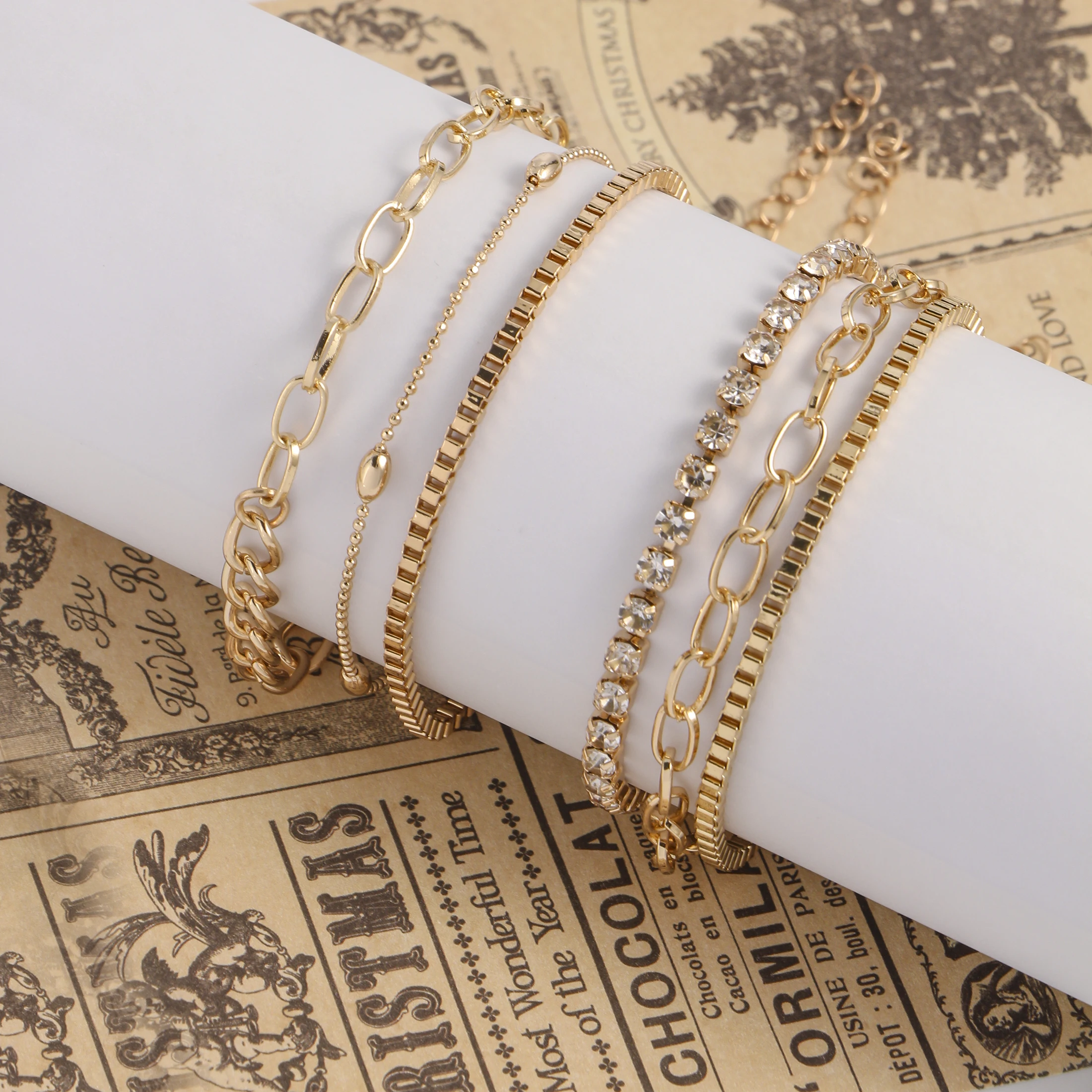 5-Piece Gold Plated Layered Anklet Set, Box & Paperclip & Zircon Chain, Adjustable Hypoallergenic