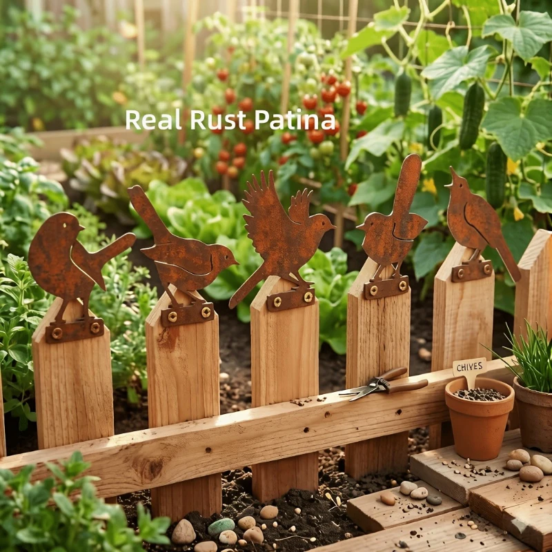 5 Rust-colored metal bird garden ornaments resembling sparrows, outdoor fence for the garden, decorative item for the courtyard.