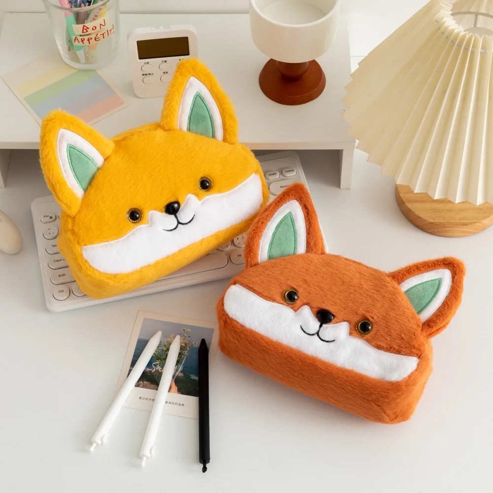 Cartoon Cute Fox Pencil Case borsa per penna in peluche di grande capacità borsa per cancelleria per studenti borsa per l\'organizzazione del Desktop