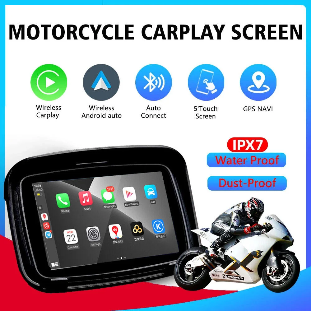 

5 Inch Portable GPS Navigation Motorcycle Waterproof Carplay Display Motorcycle Wireless Android Auto IPX7 GPS Screen Apple