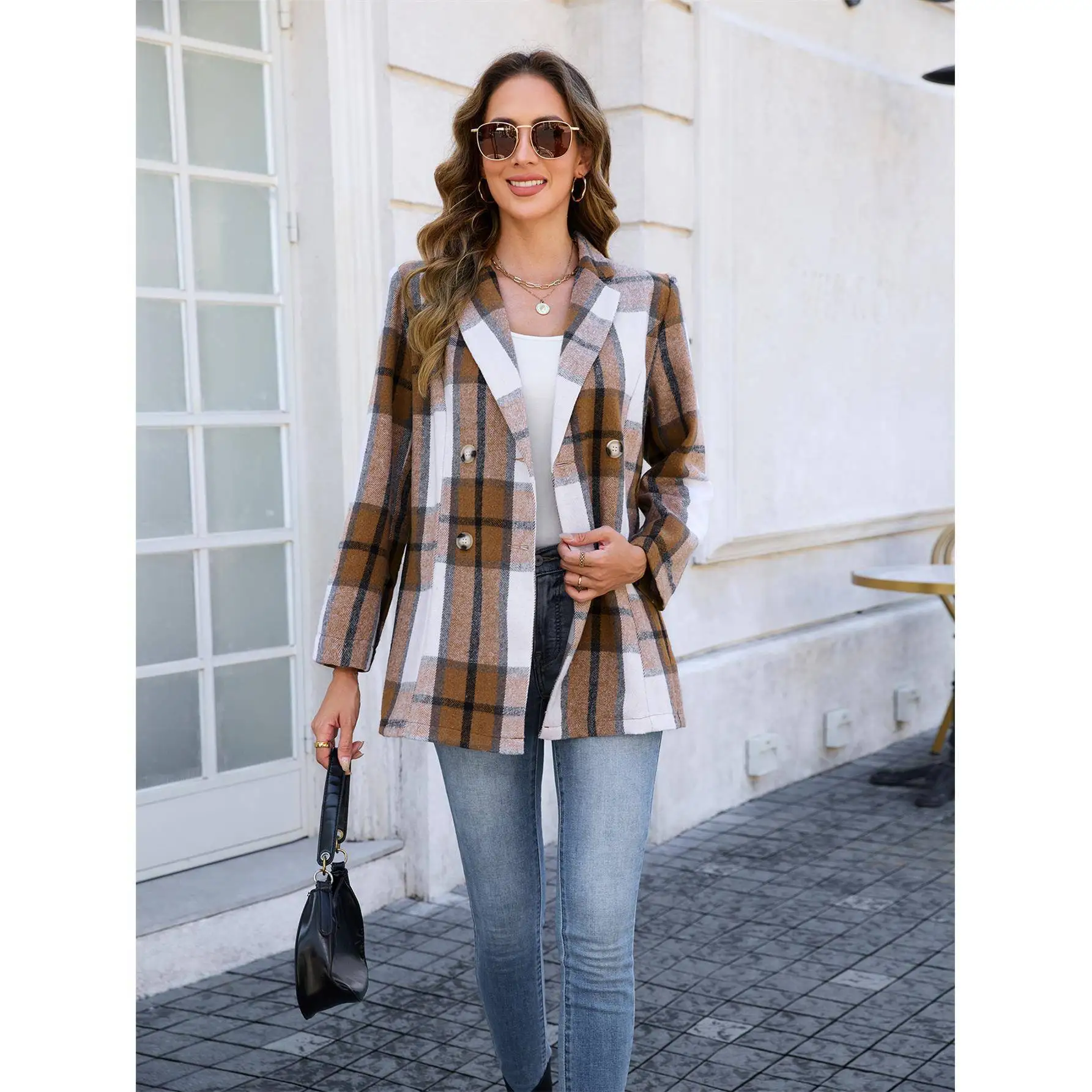 

2025 Autumn Winter Plaid Casual Double Breasted Women's Coat Classic Briti Sle Long Length Polyester Fiber Outerwear