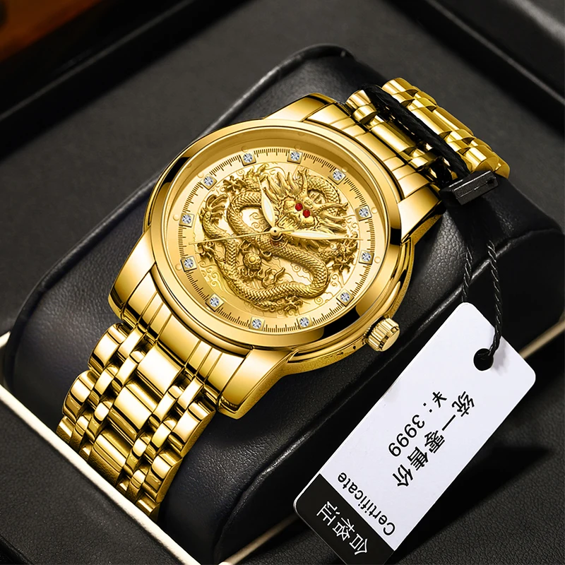 New Fashion Embossed Golden Dragon Mens Quartz Watches Stainless Steel Band Waterproof Business Men Watch Relogio Masculino