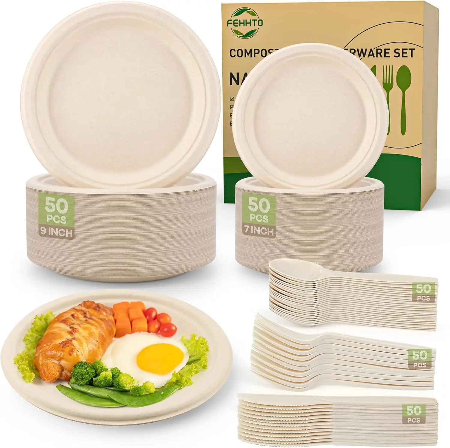 

Compostable Paper Plates Set, 250PCS Disposable Heavy-Duty Sugarcane Plate and Eco-Friendly Utensil Biodegradable Dinnerware Pla