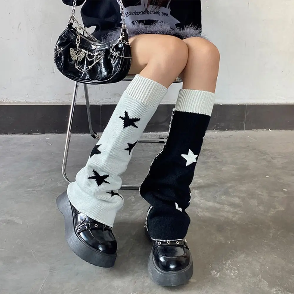 Asymmetric Knit Leg Warmers Double-sided Lolita Style Slouch Boot Cuffs Five-Point Star Pattern Slouchy Star Pattern Leg Covers