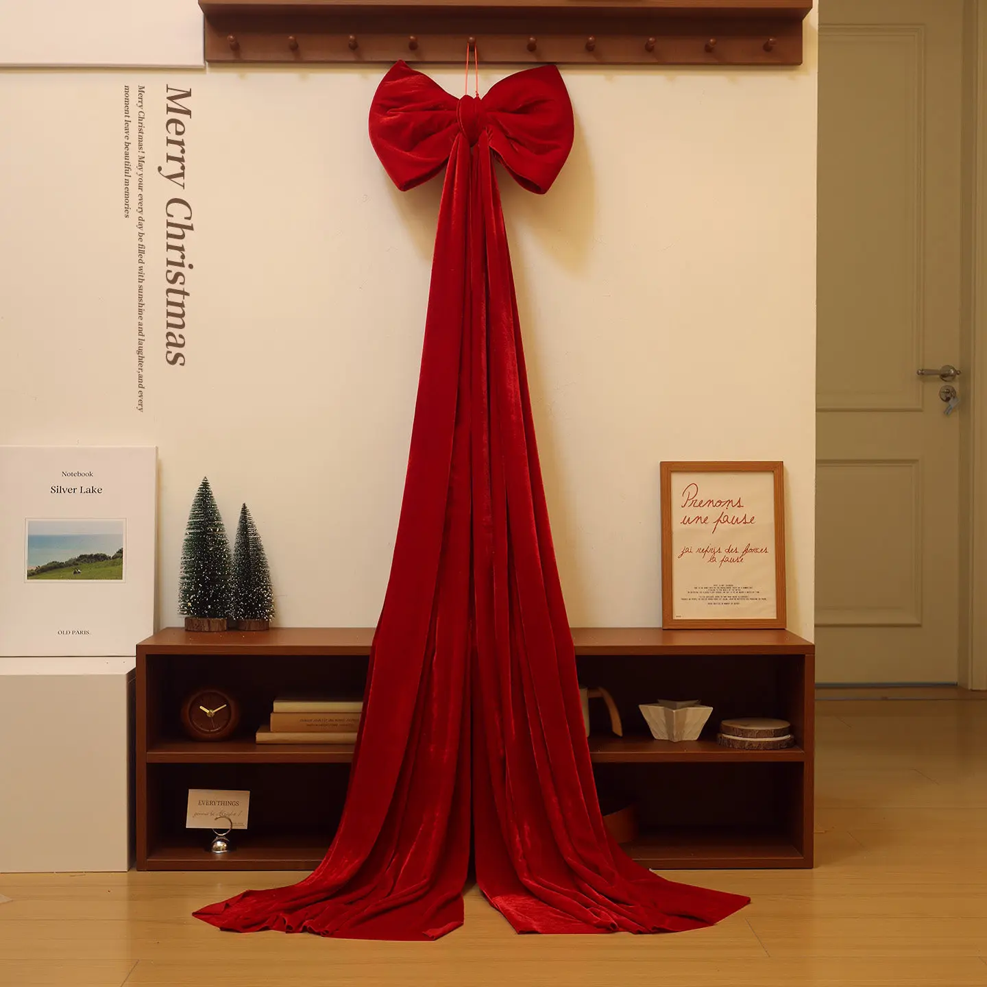 Velvet Flocked Red Christmas Bow Ornaments 1.6/2 Meter Big Size Hanging Pendants For Indoor Tree Dressing
